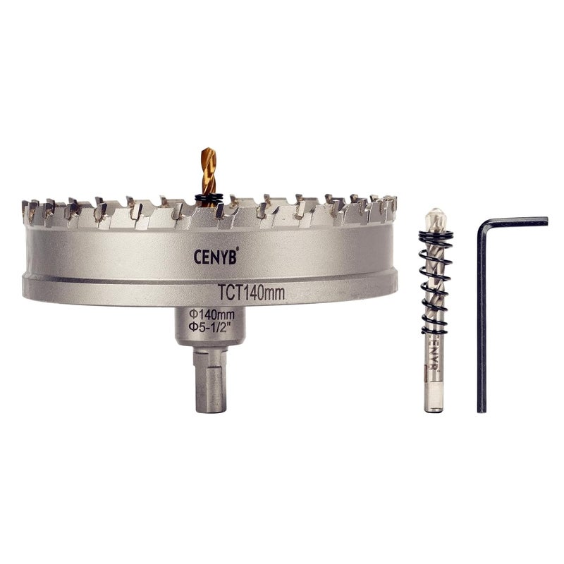 cenyb 5-1/2" (140mm) Tungsten Carbide Tipped Hole Saw with 2Pcs Titanium-Plated Pilot Drill Bits for Hard Metal,Stainless Steel,Iron,Aluminum Alloy,Wood and Plastic - Image 1